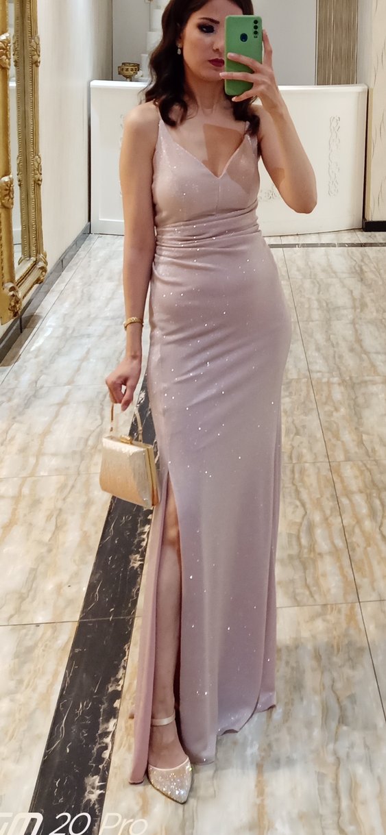 Pembe Drapeli V Yakalı Uzun Abiye Elbise - Görsel 3