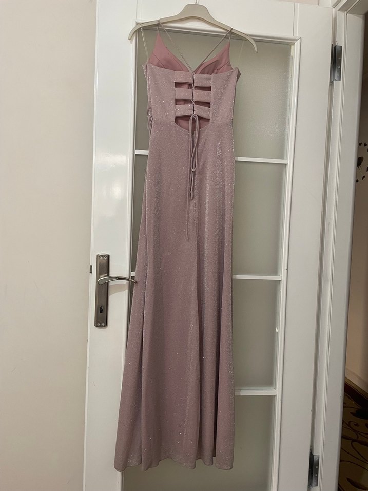 Pembe Drapeli V Yakalı Uzun Abiye Elbise - Görsel 2