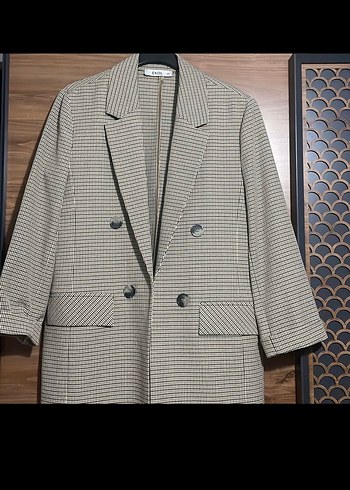Ekol Dugmeli Bej Kareli Kadin Blazer