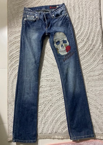 Killstar Koyu Mavi Kafa Desenli Dar Kesim Jean