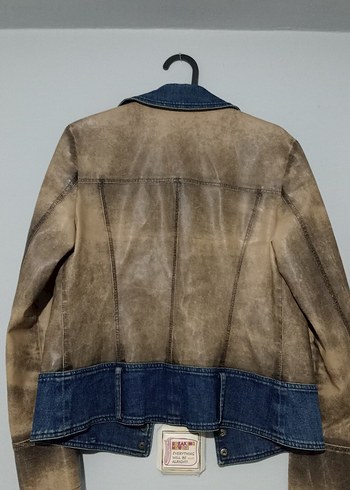 Düğmeli Kahverengi ve Mavi Deri/Denim Kadın Ceket - Görsel 2