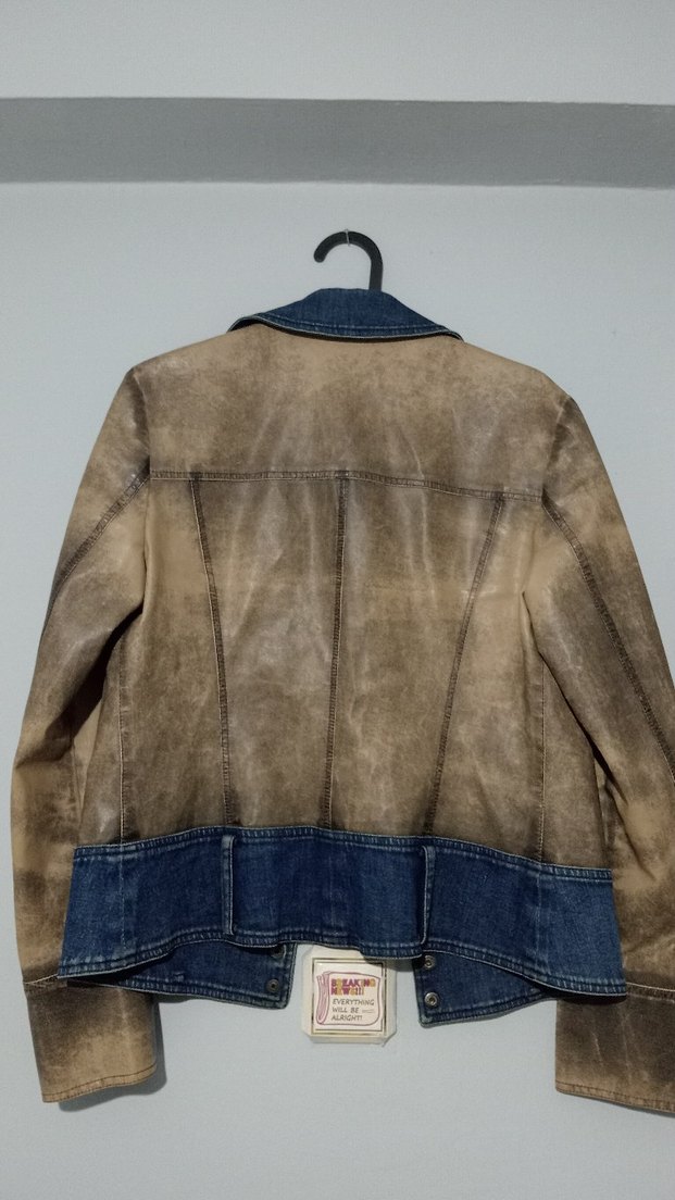 Düğmeli Kahverengi ve Mavi Deri/Denim Kadın Ceket - Görsel 2