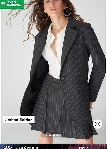 Düğmeli Antrasit Çizgili Kadın Blazer Ceket - Görsel 3