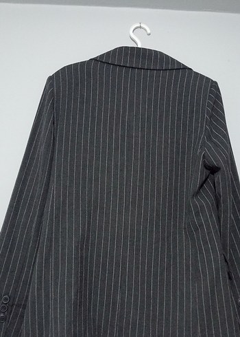 Düğmeli Antrasit Çizgili Kadın Blazer Ceket - Görsel 2