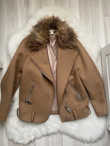 xs Beden camel Renk H&m tüylü biker yün kaban