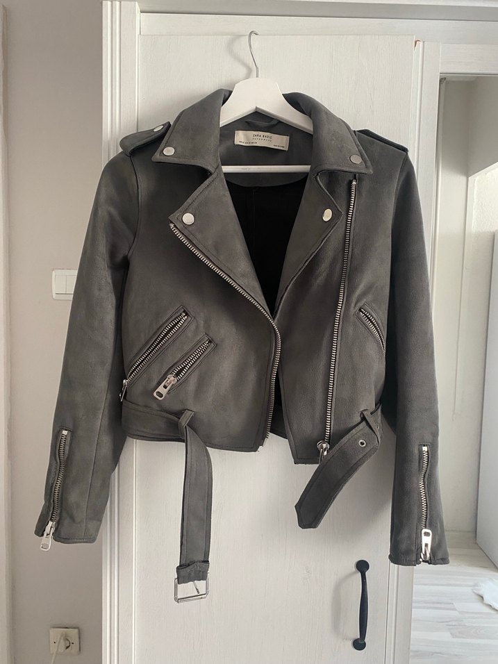 Zara Gri Süet Kadın Biker Deri Ceket - Görsel 3