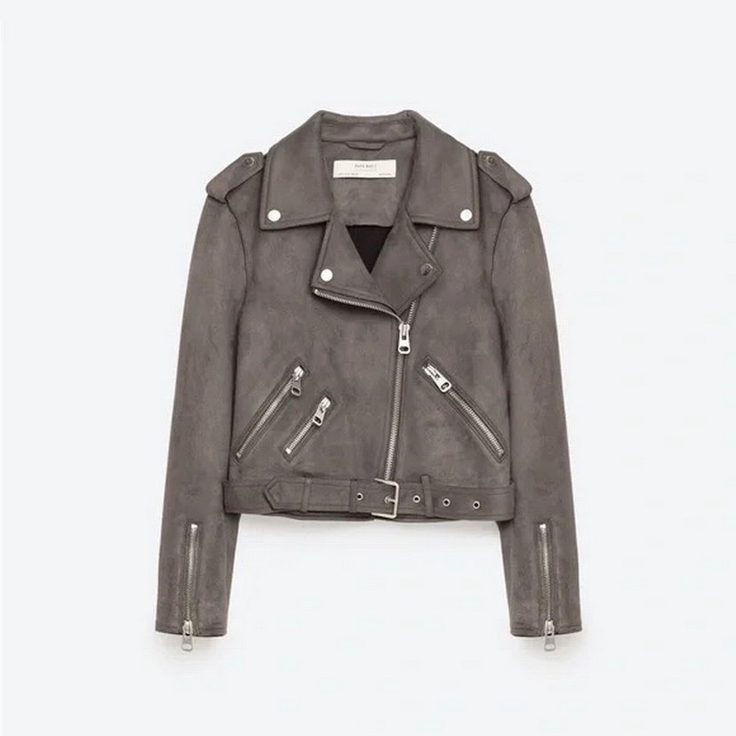 Zara Gri Süet Kemerli Kısa Biker Ceket - Görsel 2