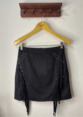 Stradivarius siyah Süet Püsküllü Kadın Mini Etek - Görsel 2