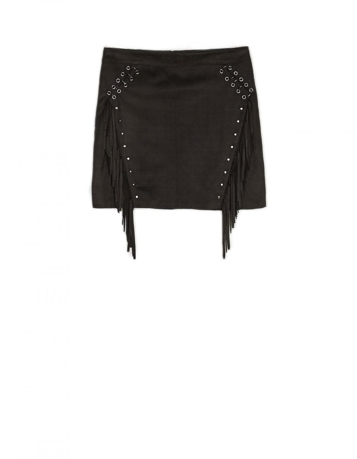 Stradivarius siyah Süet Püsküllü Kadın Mini Etek - Görsel 3