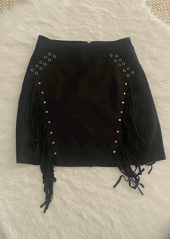 Stradivarius siyah Süet Püsküllü Kadın Mini Etek - Görsel 4