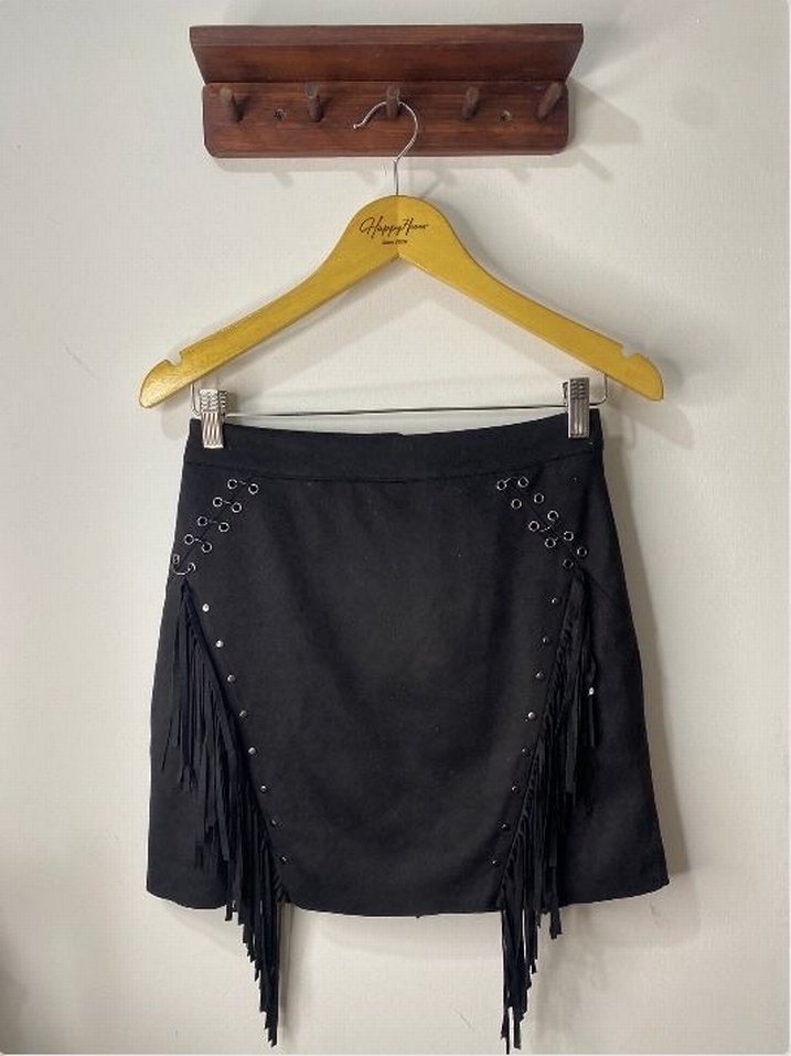 Stradivarius siyah Süet Püsküllü Kadın Mini Etek - Görsel 2