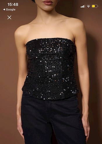 Siyah Straplez Payetli Pullu Mini büstiyer - Görsel 3