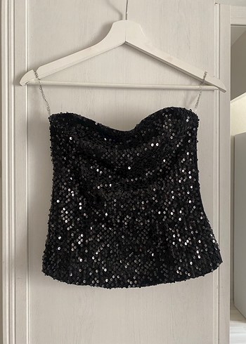 Siyah Straplez Payetli Pullu Mini büstiyer - Görsel 5
