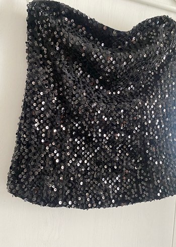Siyah Straplez Payetli Pullu Mini büstiyer - Görsel 6