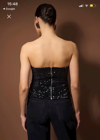 Siyah Straplez Payetli Pullu Mini büstiyer - Görsel 4