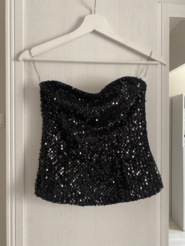 Siyah Straplez Payetli Pullu Mini büstiyer - Görsel 5