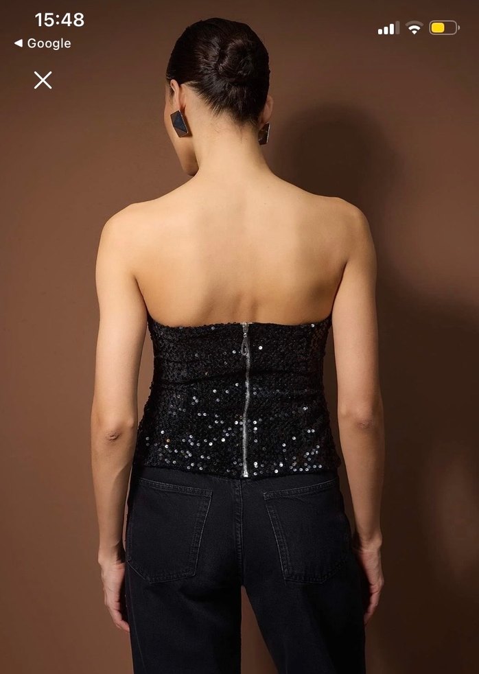 Siyah Straplez Payetli Pullu Mini büstiyer - Görsel 4