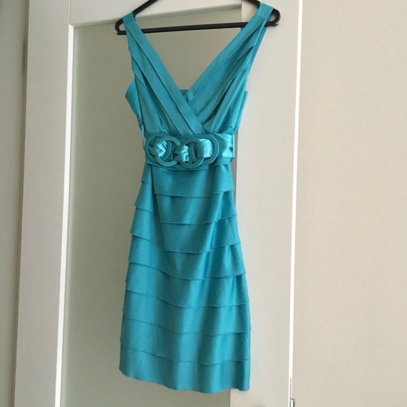 Koton turkuaz saten Parlak Mini V Yaka Elbise - Görsel 2