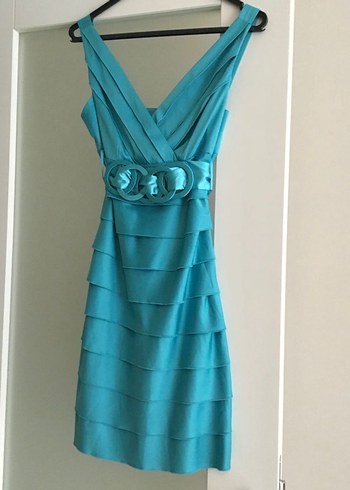 Koton saten turkuaz Mini V Yaka Kemerli Elbise - Görsel 2