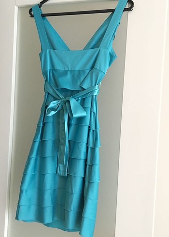 Koton saten turkuaz Mini V Yaka Kemerli Elbise - Görsel 5