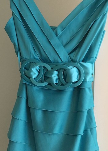 Koton saten turkuaz Mini V Yaka Kemerli Elbise - Görsel 3