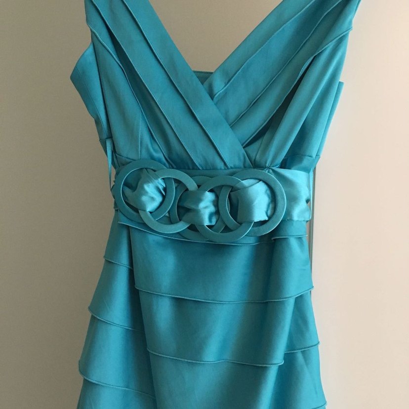 Koton saten turkuaz Mini V Yaka Kemerli Elbise - Görsel 3