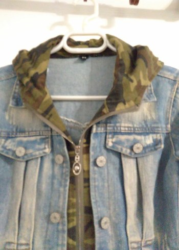 Kamuflaj Kapüşonlu Mavi Denim Ceket - Görsel 2