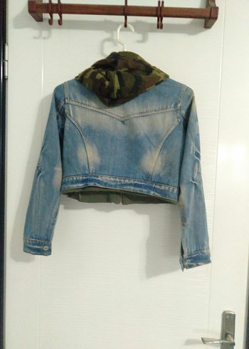 Kamuflaj Kapüşonlu Mavi Denim Ceket - Görsel 3