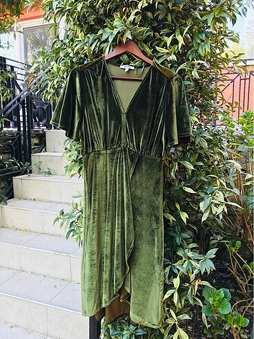 KOTON yeşil kadife elbise - Görsel 7