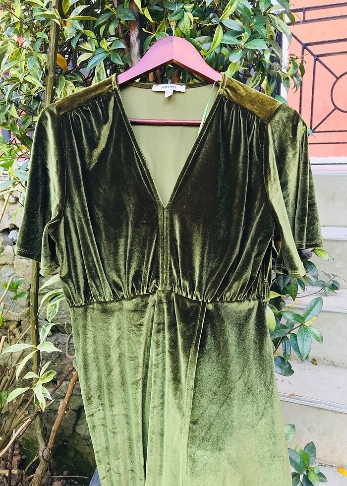 KOTON yeşil kadife elbise - Görsel 3