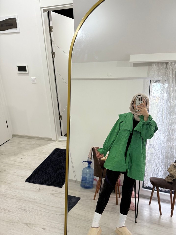 Yeşil Midi Boy Salaş Kadın Yağmurluk - Görsel 2