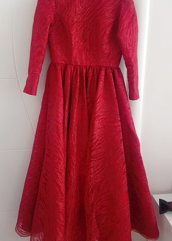 Zara Parlak Kırmızı Uzun Kollu Uzun Abiye Elbise