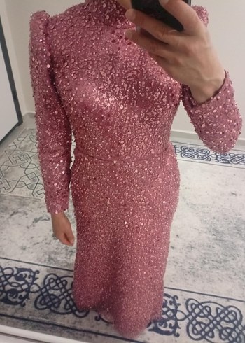 s Beden pembe Renk Pullu Pembe Uzun Abiye Elbise