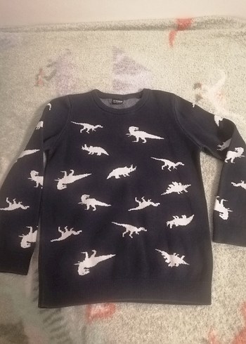Gri Dinozor Desenli Erkek Çocuk Triko Kazak