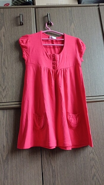 Kırmızı penye cepli tunik mini elbise 
