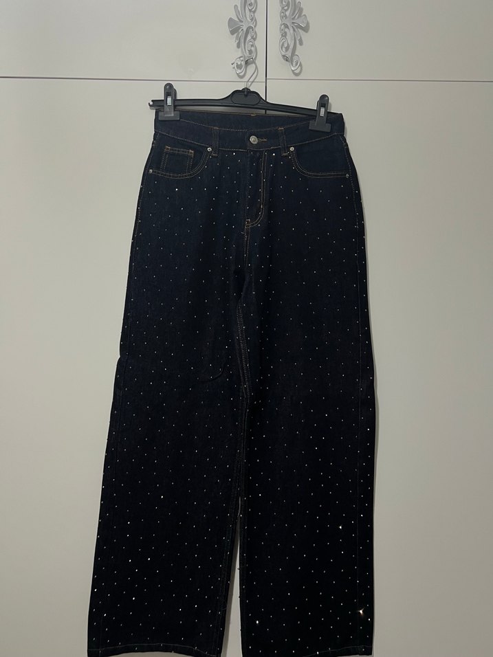 Taşlı Siyah Yüksek Bel boru paça pantolon — görsel 2/5