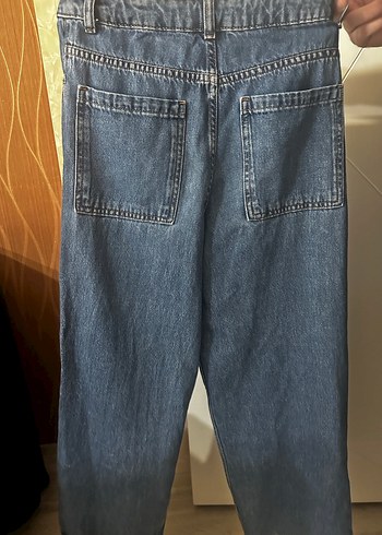 Düğmeli Mavi Normal Boy Bol Kesim Kadın Kot Pantolon - Görsel 3