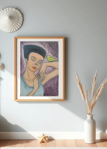 Gri ve Pastel Tonlarda Kadın ve Kuş Tablosu yağlı boya - Görsel 2