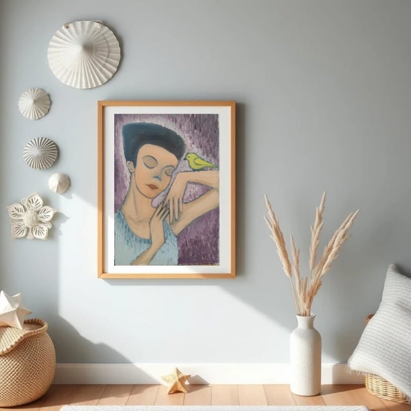 Gri ve Pastel Tonlarda Kadın ve Kuş Tablosu yağlı boya - Görsel 2