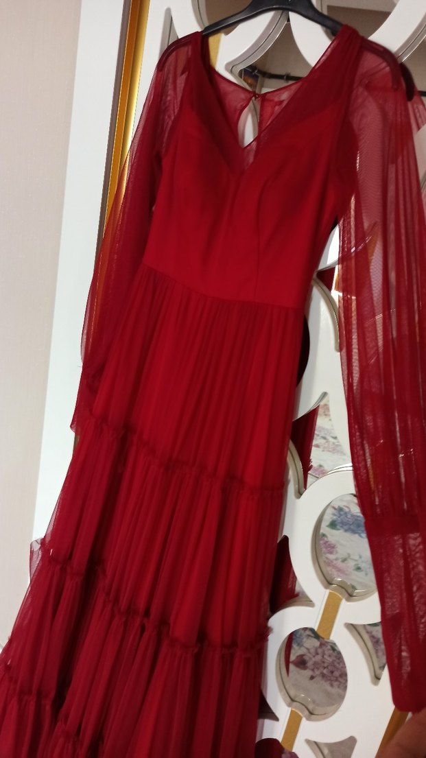 Bordo Uzun Kollu Nakışlı Bohem Elbise - Görsel 2