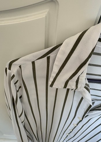 Düğmeli yesil Çizgili Kadın Keten Gömlek - Görsel 3