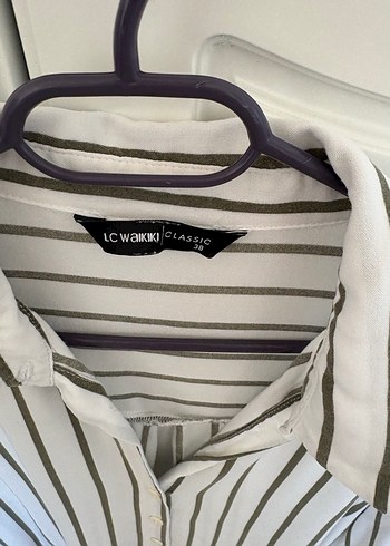 Düğmeli yesil Çizgili Kadın Keten Gömlek - Görsel 2