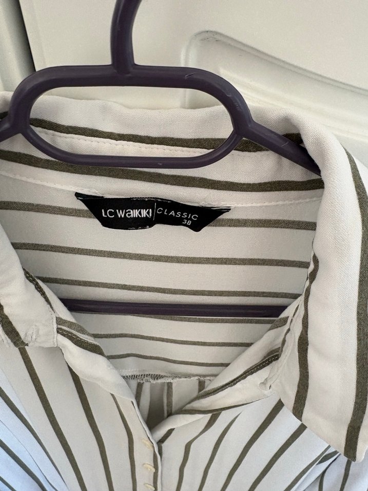 Düğmeli yesil Çizgili Kadın Keten Gömlek - Görsel 2