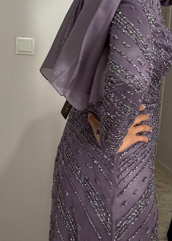 Uzun Kollu Mor Abiye Elbise - Görsel 6