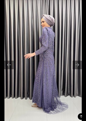 Uzun Kollu Mor Abiye Elbise - Görsel 2