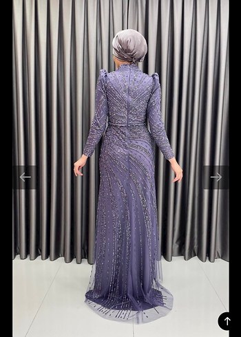 Uzun Kollu Mor Abiye Elbise - Görsel 4