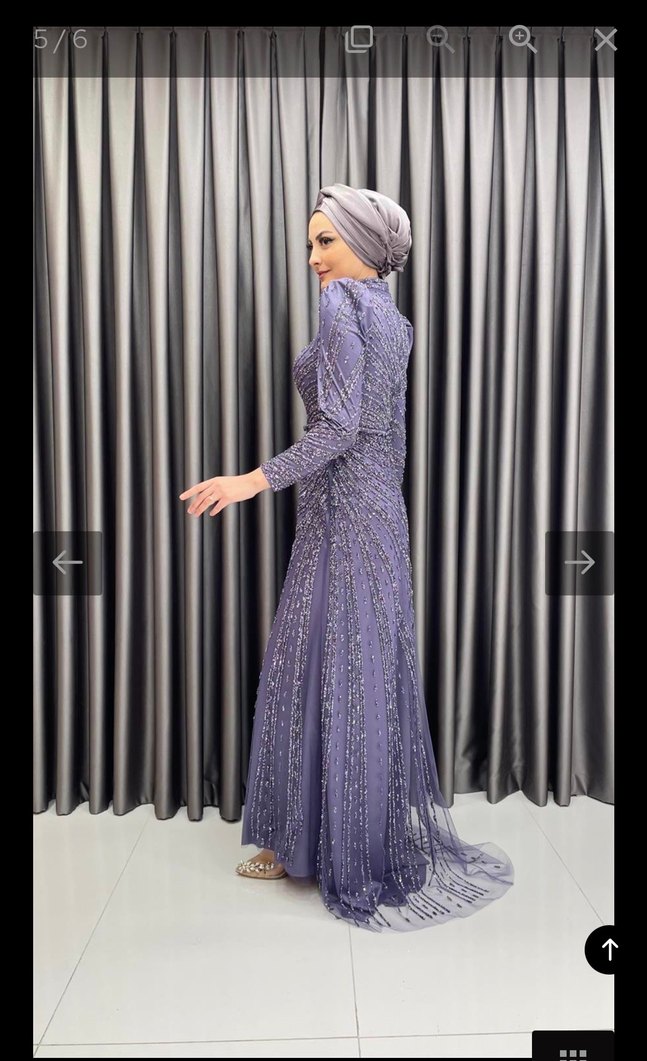 Uzun Kollu Mor Abiye Elbise - Görsel 2