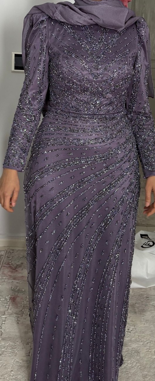 Uzun Kollu Mor Abiye Elbise - Görsel 5