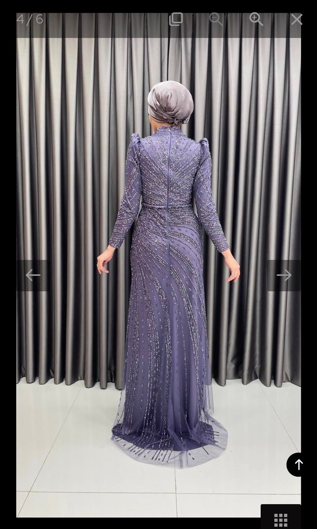 Uzun Kollu Mor Abiye Elbise - Görsel 4