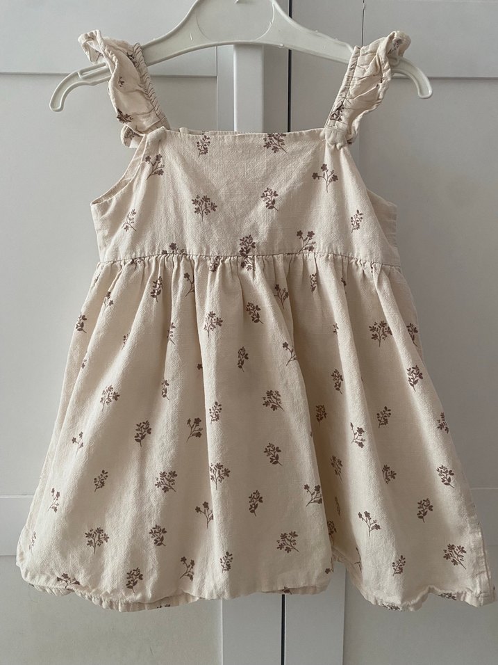 Kız Çocuk Bej Fırfırlı Keten Elbise - Görsel 4